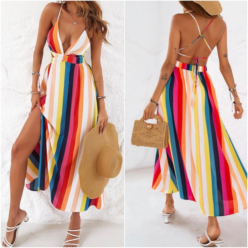 Boho multicolor Stripes Lace up Back Maxi Dress